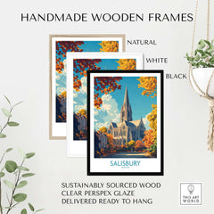 Salisbury Travel Poster displayed in natural, white, and black handmade wooden frames.