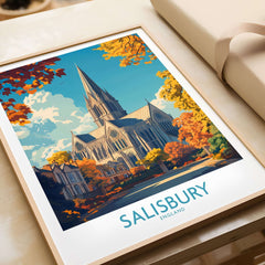 Salisbury Travel Poster showcasing the iconic cathedral surrounded by autumn foliage in vibrant colors.