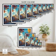 Salisbury Travel Print size guide showcasing various frame sizes in a stylish home setting.