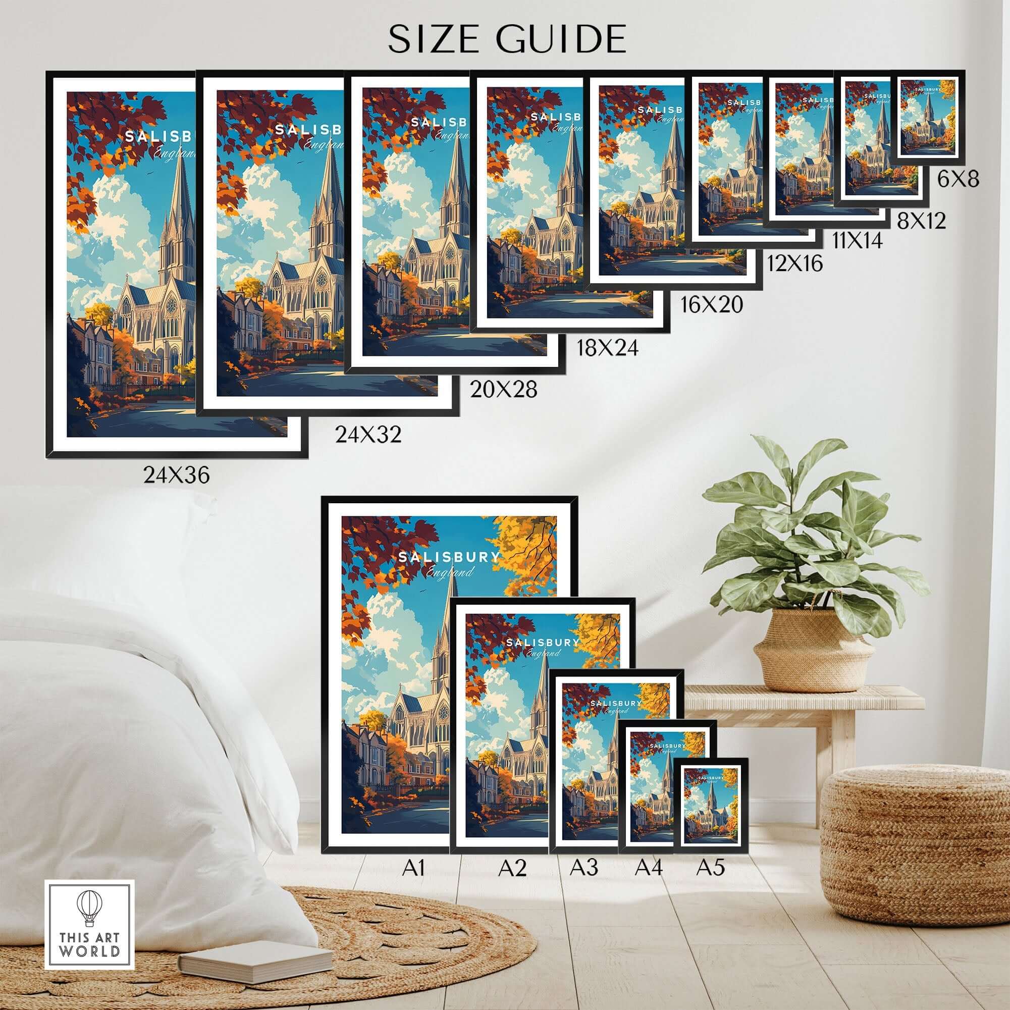 Salisbury Travel Print size guide showcasing various frame sizes in a stylish home setting.
