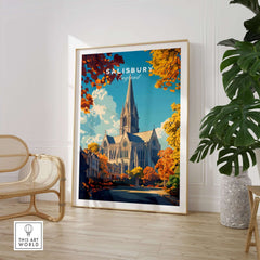 Salisbury Travel Print showcasing the iconic cathedral surrounded by autumn foliage, perfect for decor.