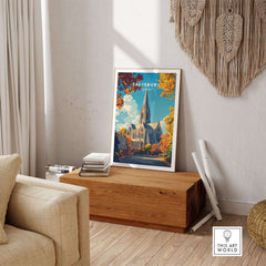 Salisbury Travel Print showcasing Salisbury Cathedral in a cozy home decor setting.