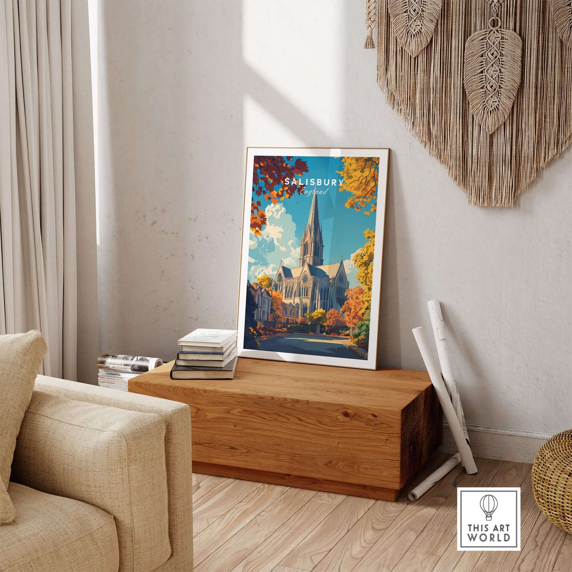 Salisbury Travel Print showcasing Salisbury Cathedral in a cozy home decor setting.