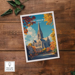 Salisbury Travel Print featuring the stunning Salisbury Cathedral surrounded by autumn foliage.