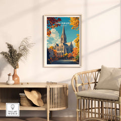 Salisbury Travel Print showcasing the iconic Salisbury Cathedral in autumn colors, perfect for home decor.