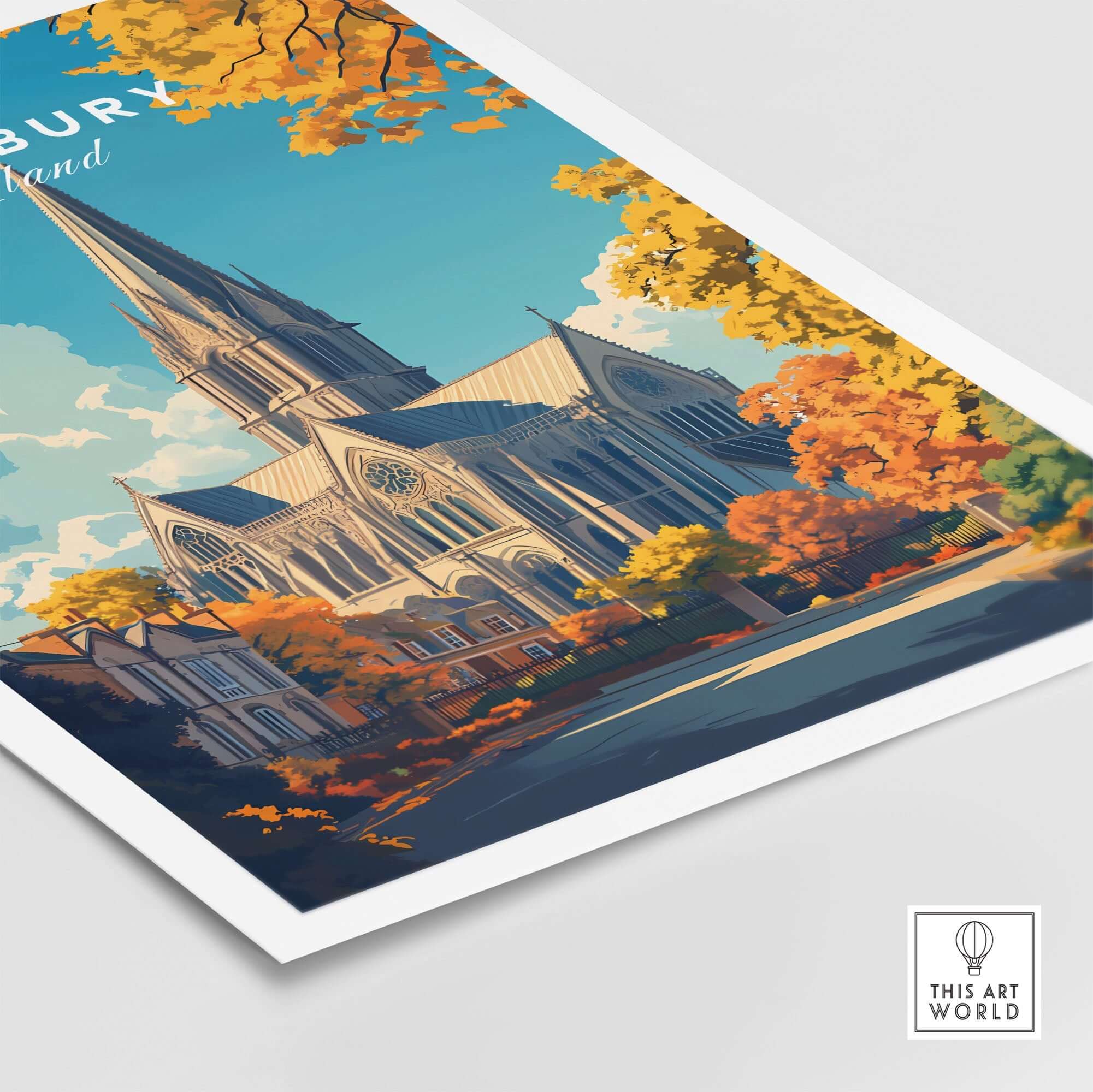 Salisbury Travel Print featuring Salisbury Cathedral in autumn scenery with vibrant colors and stunning architecture.