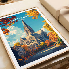 Salisbury Travel Print showcasing the magnificent Salisbury Cathedral surrounded by autumn foliage.