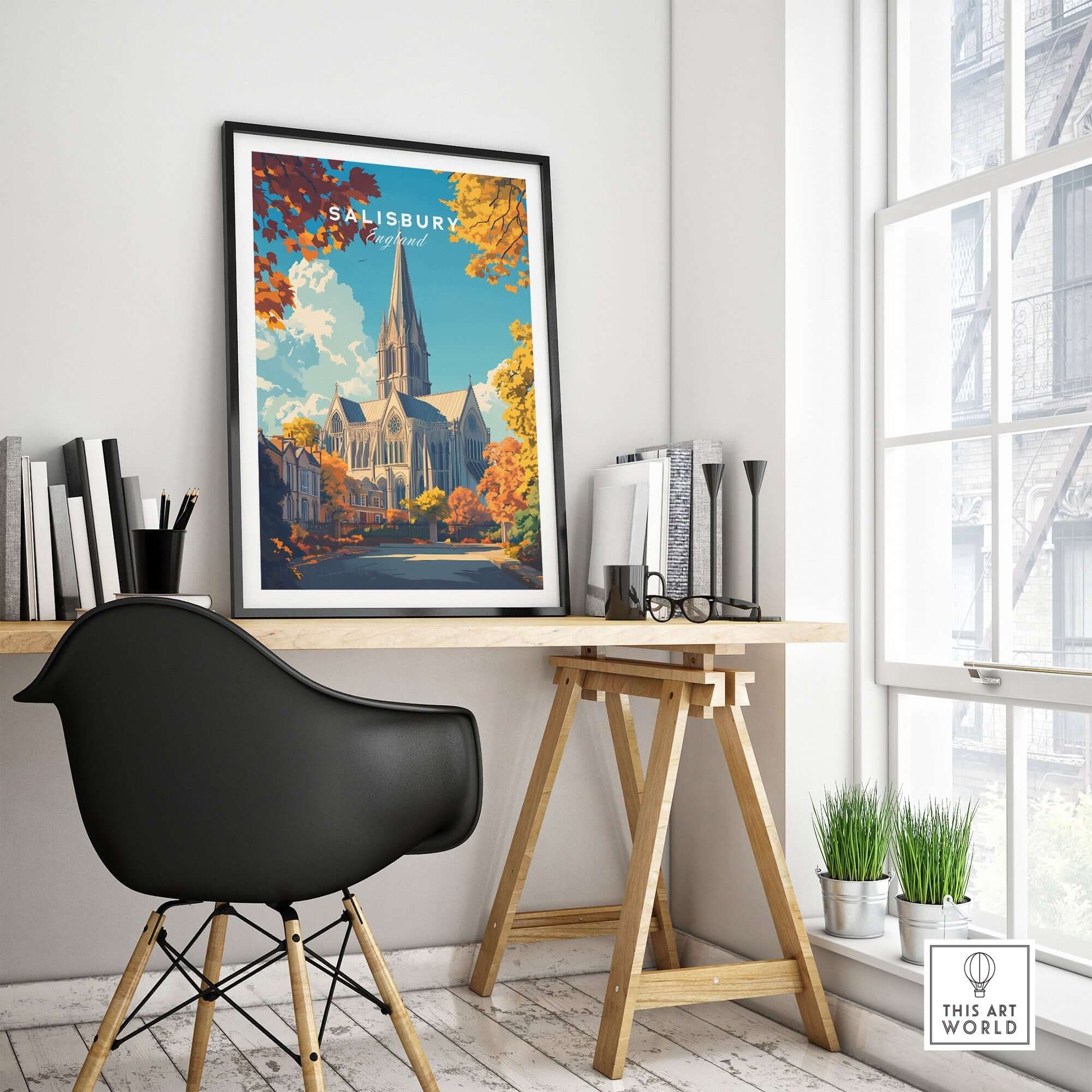 Salisbury Travel Print featuring the iconic cathedral, perfect for home decor and travel inspiration.