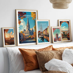 Salisbury Travel Print featuring the iconic Salisbury Cathedral with vibrant colors and framed decor