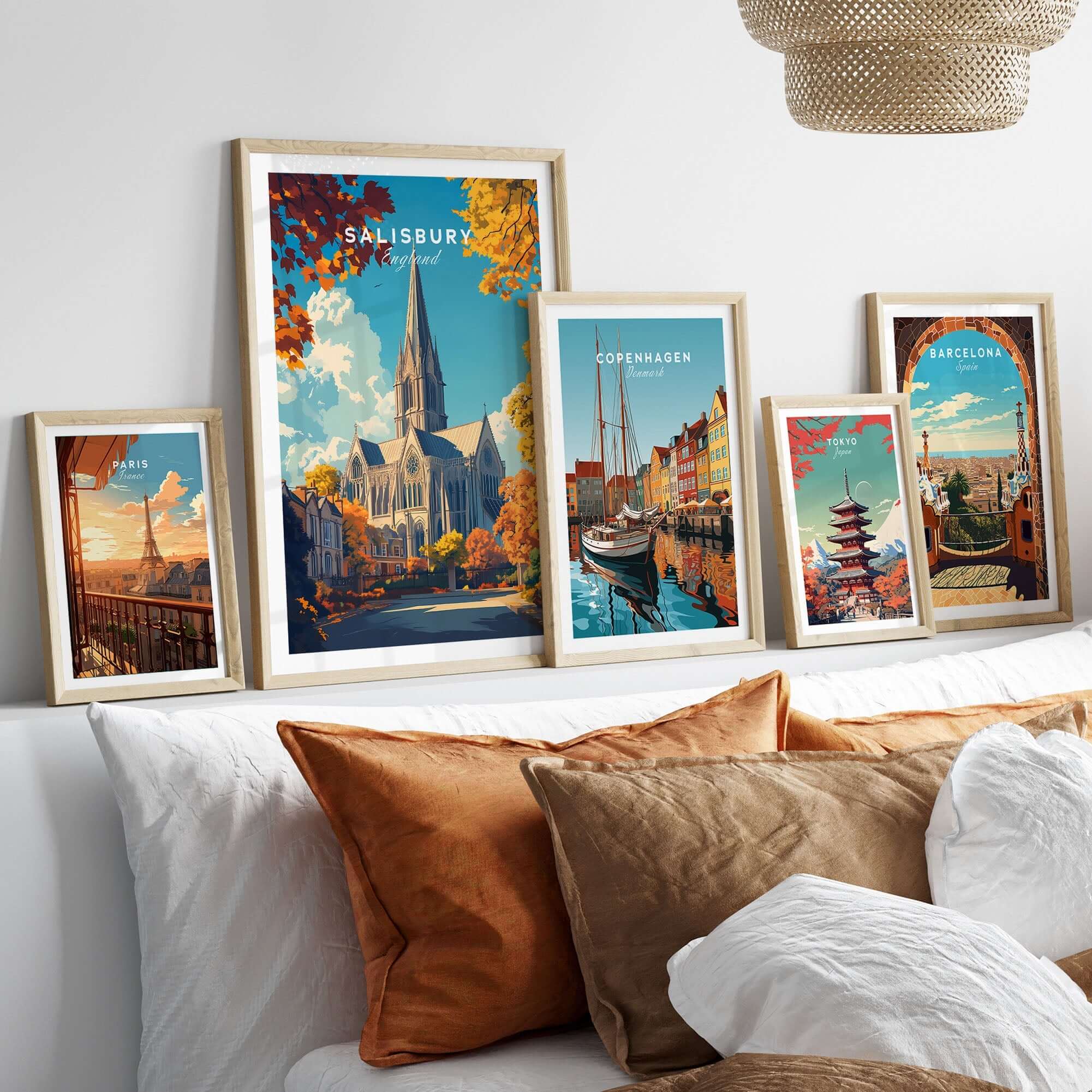 Salisbury Travel Print featuring the iconic Salisbury Cathedral with vibrant colors and framed decor
