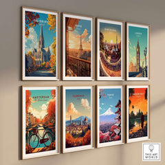 Salisbury Travel Print showcasing an artistic depiction of Salisbury Cathedral among other city prints on a wall.