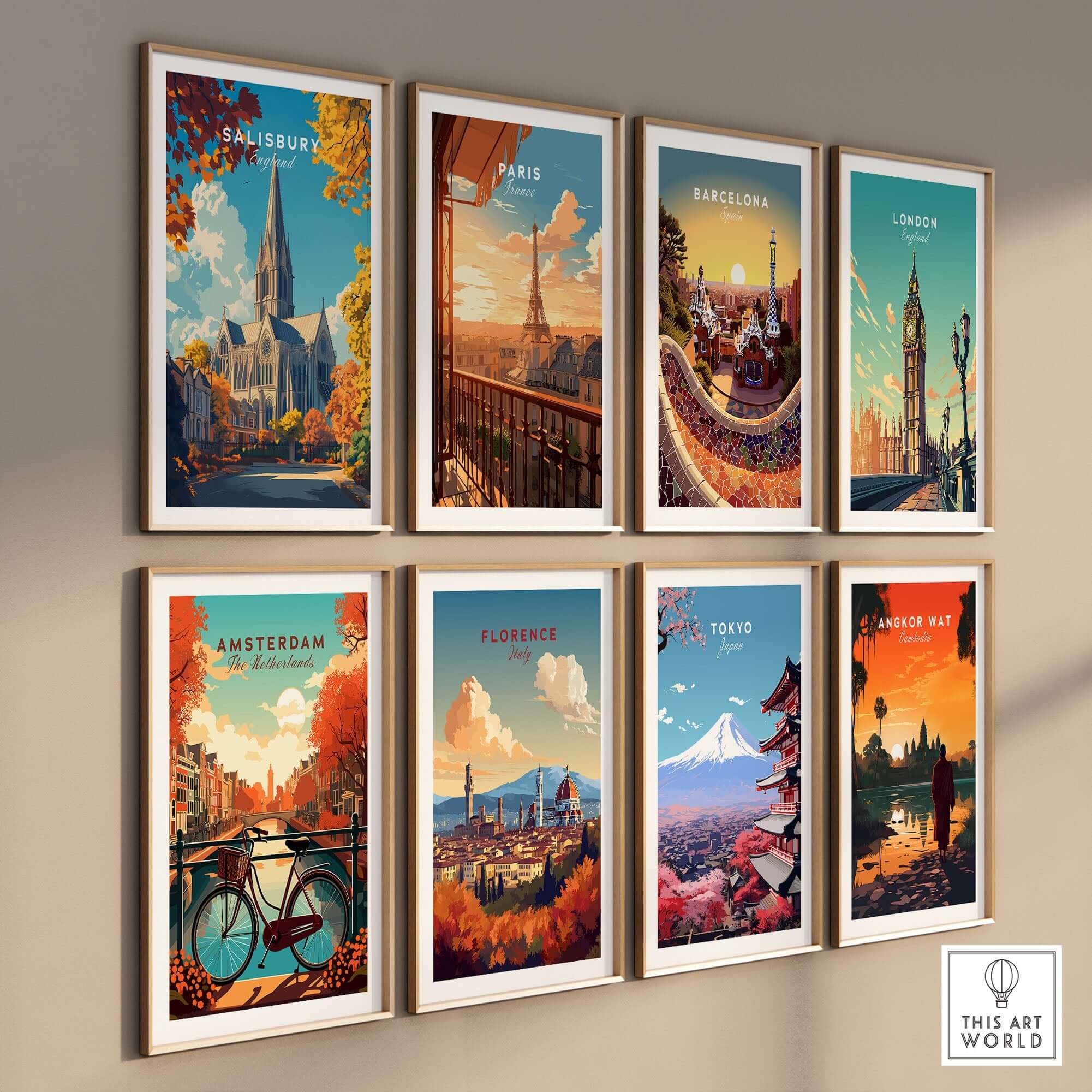 Salisbury Travel Print showcasing an artistic depiction of Salisbury Cathedral among other city prints on a wall.