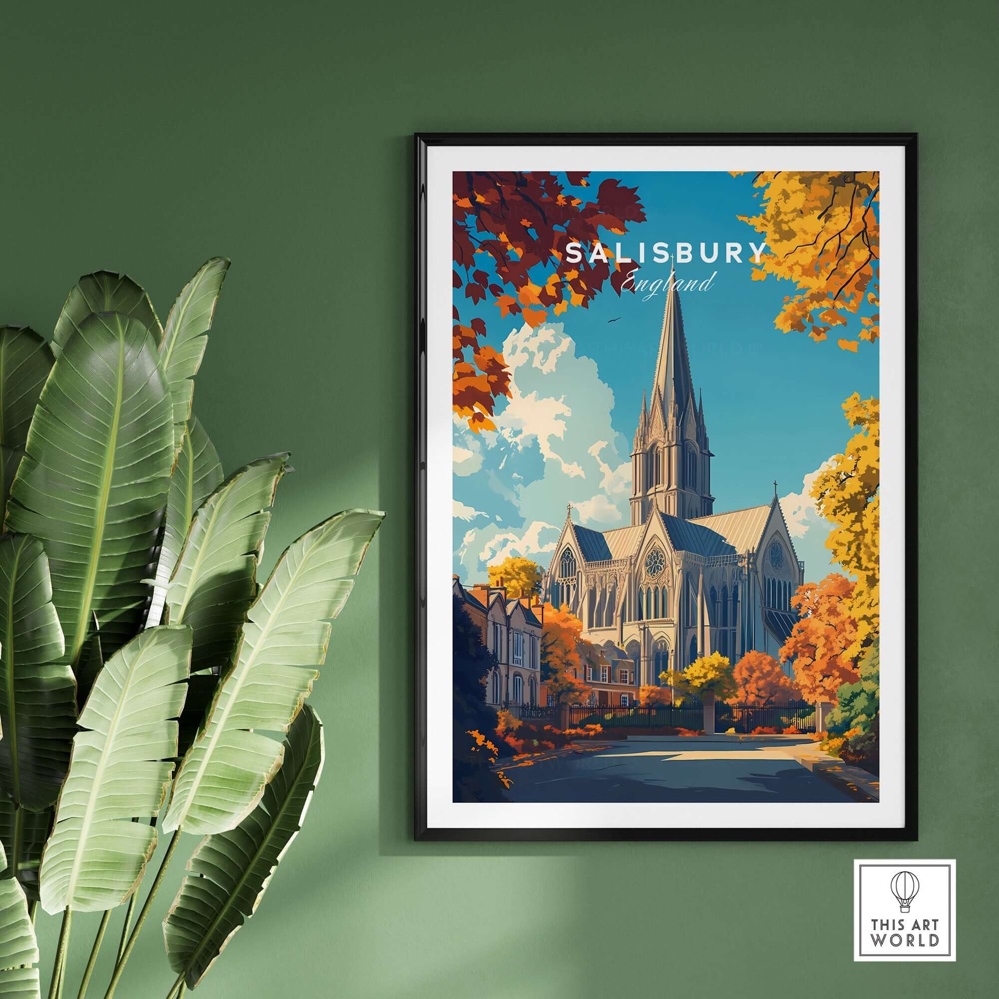 Salisbury Travel Print showcasing Salisbury Cathedral framed in a stylish home setting with green leaves.