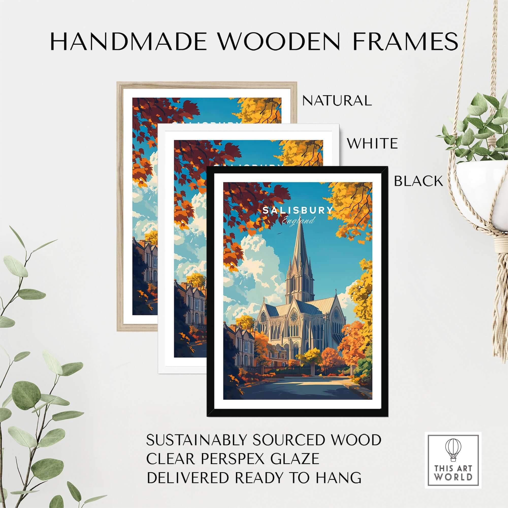 Salisbury Travel Print displayed in handmade wooden frames available in natural, white, and black options.
