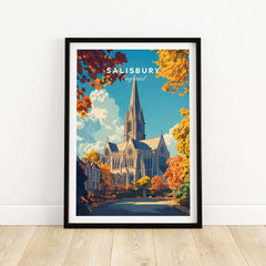 Salisbury Travel Print featuring the iconic Salisbury Cathedral surrounded by autumn foliage.