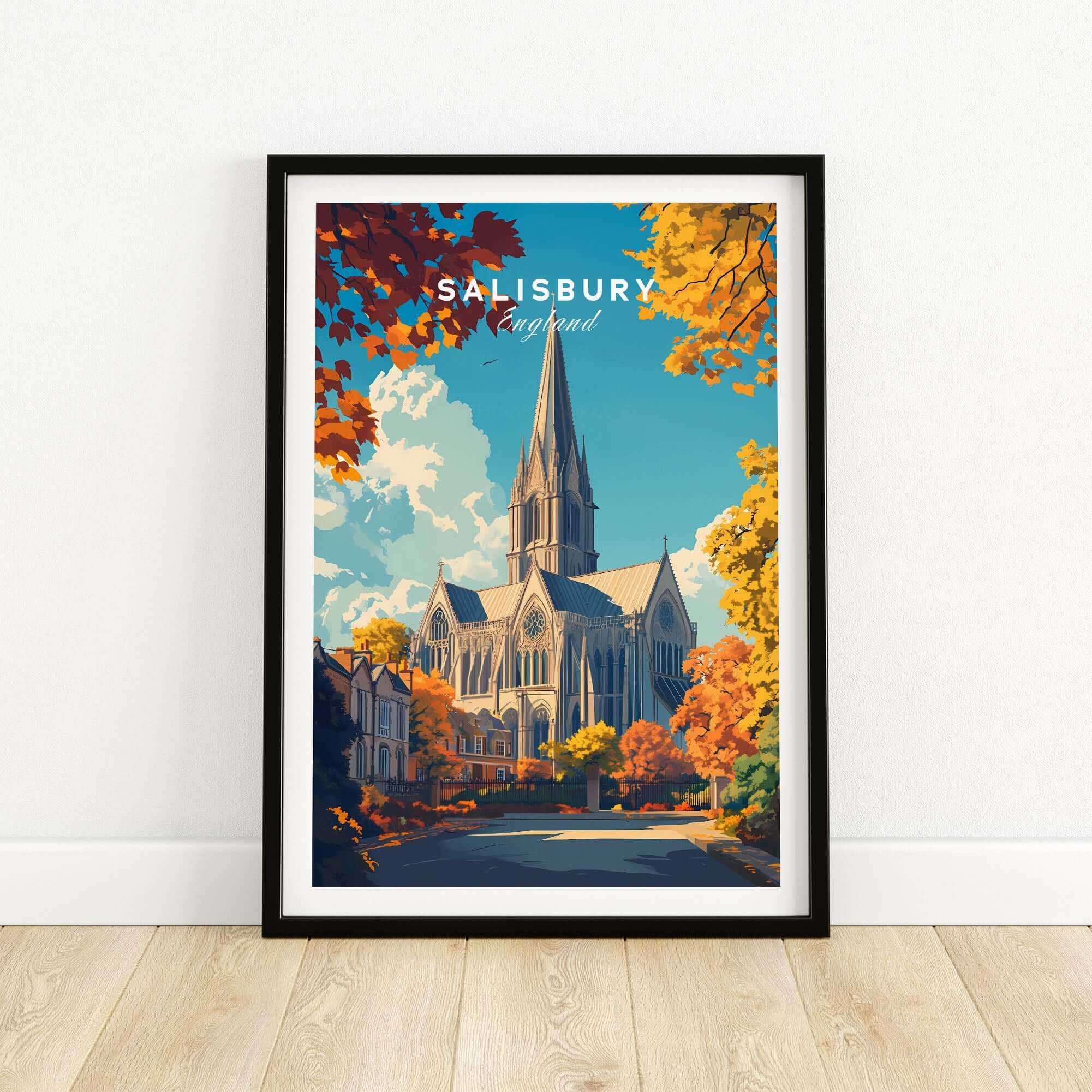 Salisbury Travel Print featuring the iconic Salisbury Cathedral surrounded by autumn foliage.