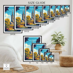 Salisbury Wall Art Print size guide with various dimensions displayed for home decoration.