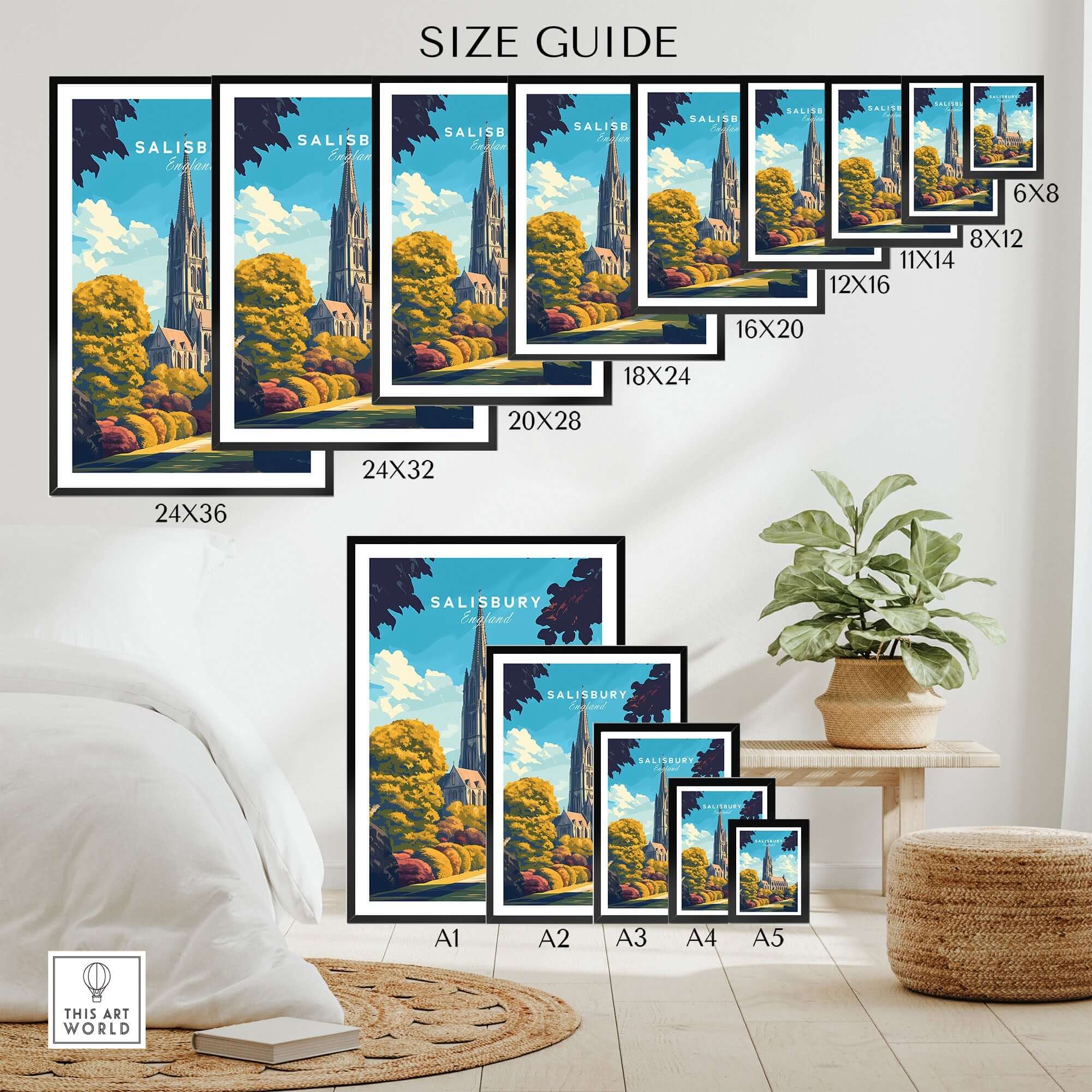 Salisbury Wall Art Print size guide with various dimensions displayed for home decoration.