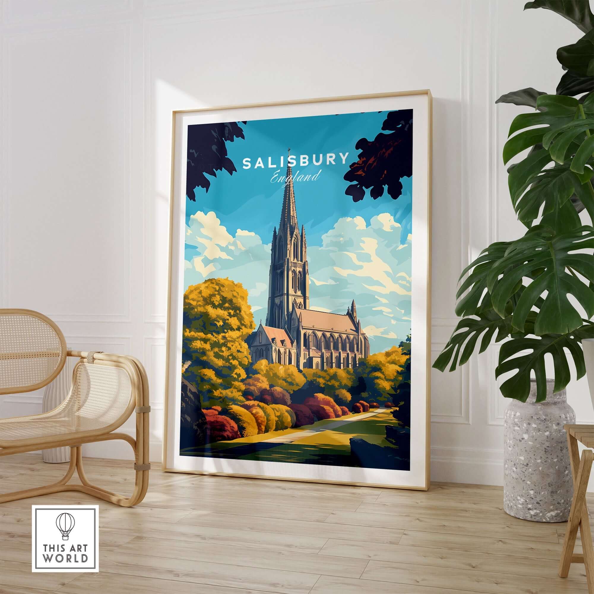 Salisbury Wall Art Print featuring the iconic Salisbury Cathedral in a vibrant landscape.