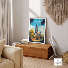 Salisbury Wall Art Print displayed in a stylish home setting, showcasing the stunning cathedral architecture.