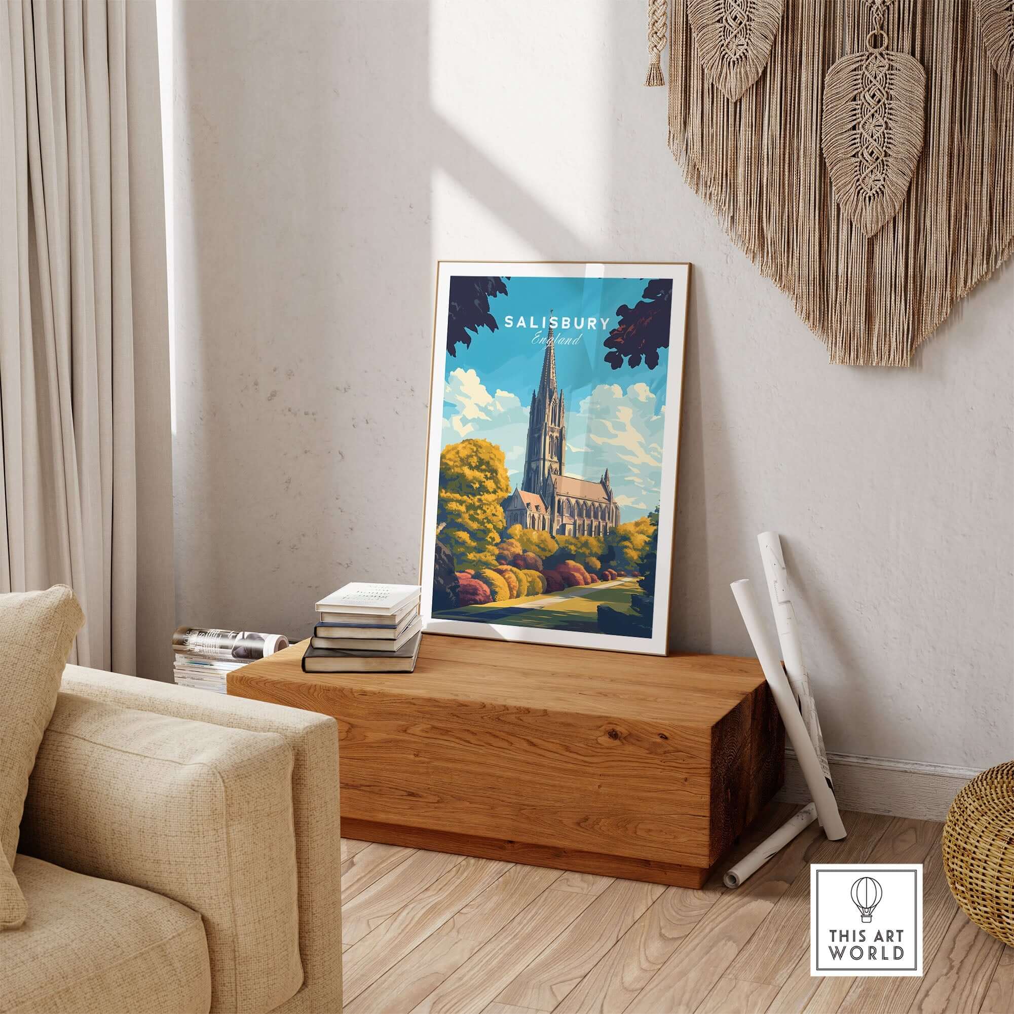 Salisbury Wall Art Print displayed in a stylish home setting, showcasing the stunning cathedral architecture.