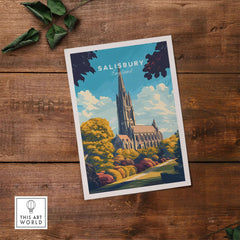 Salisbury Wall Art Print showcasing Salisbury Cathedral framed by lush greenery, perfect for home decor.