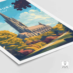 Salisbury Wall Art Print featuring the stunning architecture of Salisbury Cathedral surrounded by vibrant foliage.