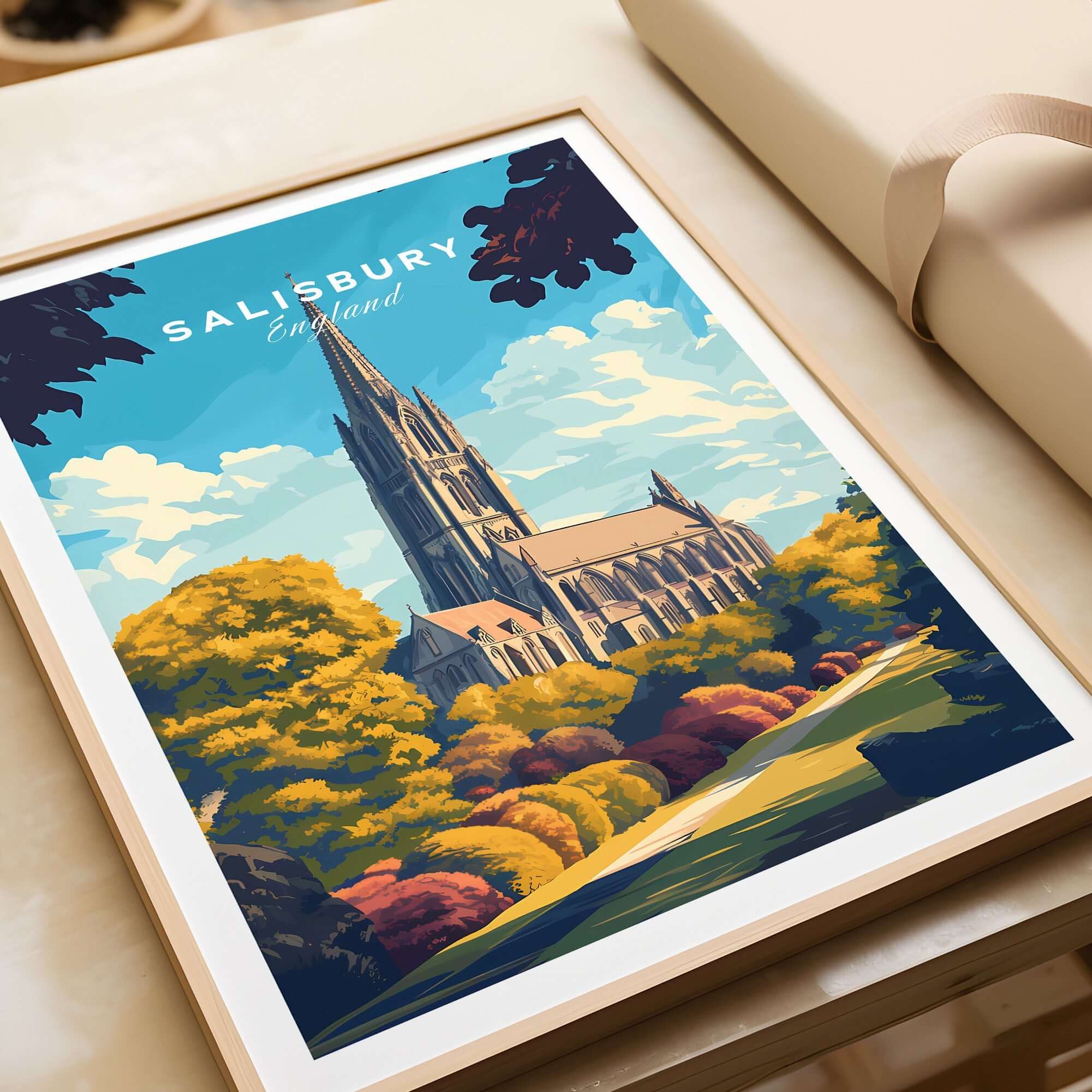 Salisbury Wall Art Print showcasing Salisbury Cathedral surrounded by colorful trees and a vibrant sky.