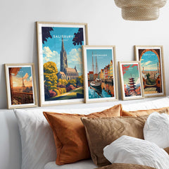 Salisbury Wall Art Print showcased among travel posters, adding elegance to home decor with stunning architecture.