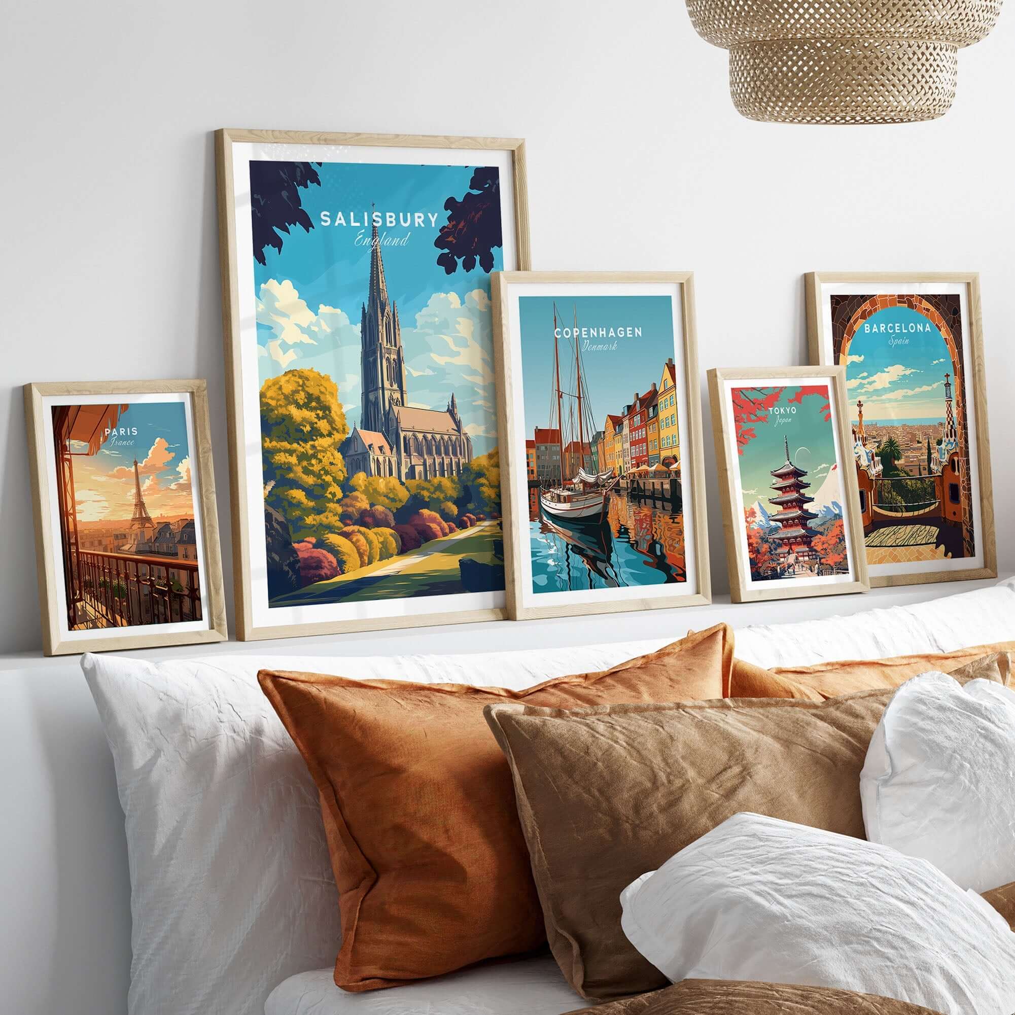 Salisbury Wall Art Print showcased among travel posters, adding elegance to home decor with stunning architecture.