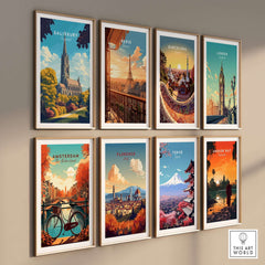 Salisbury Wall Art Print displayed among various travel posters, featuring vibrant colors and architectural designs.