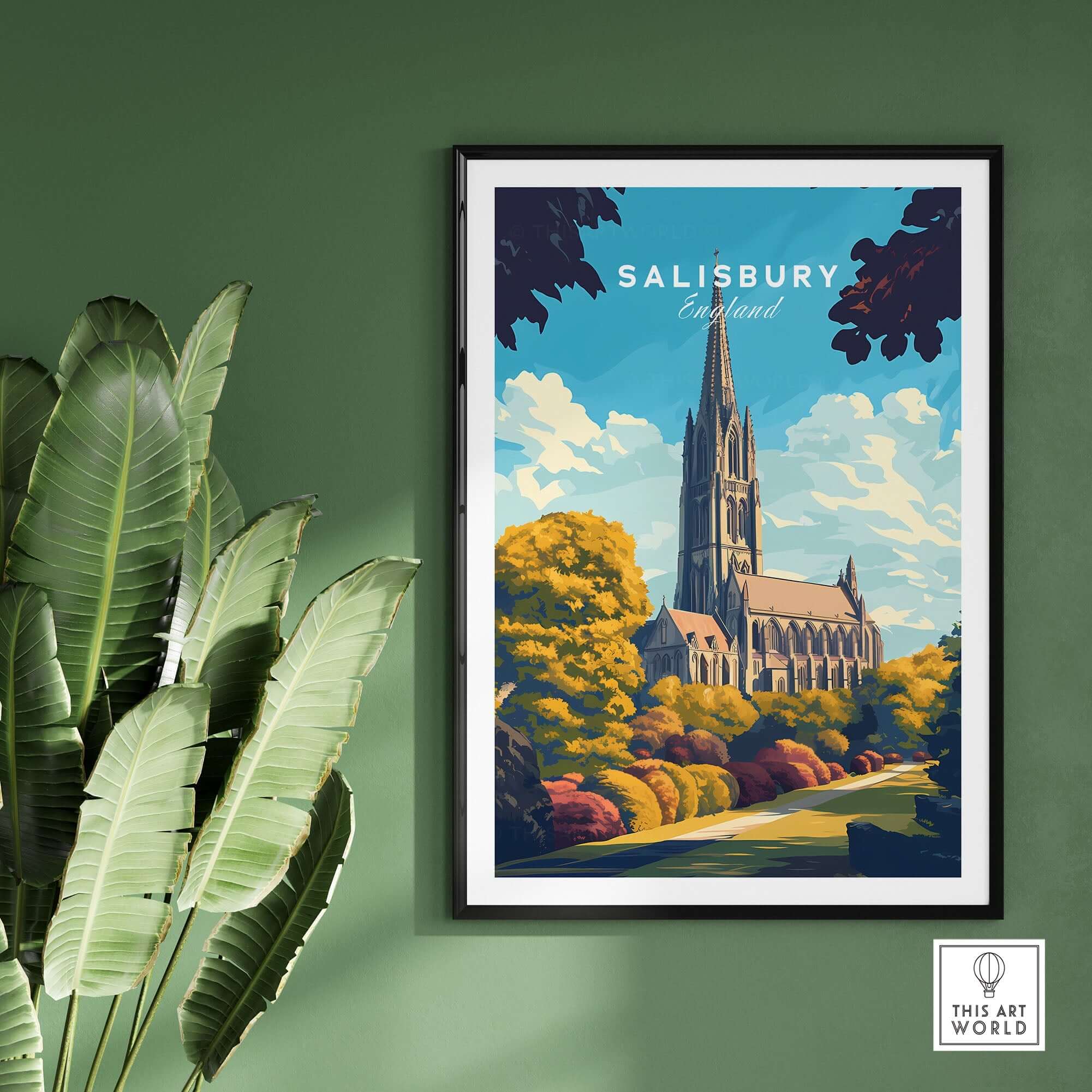 Salisbury Wall Art Print featuring Salisbury Cathedral in vibrant colors against a green wall, bringing elegance to home decor.