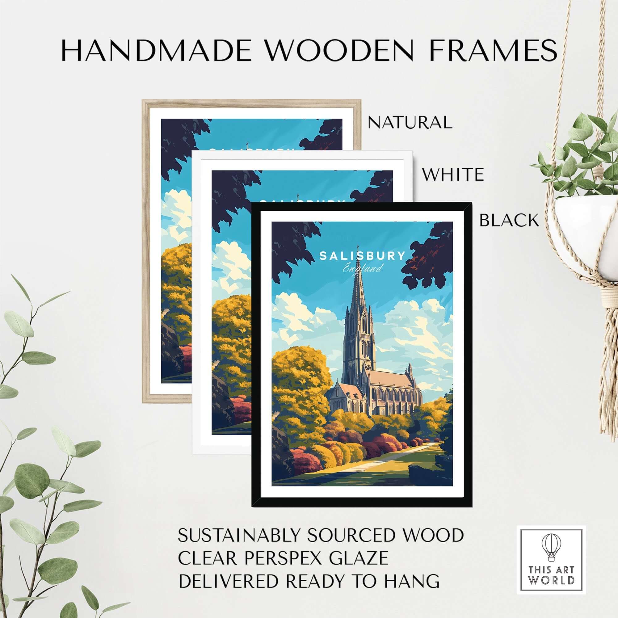 Salisbury Wall Art Print displayed in handmade wooden frames in natural, white, and black finishes.