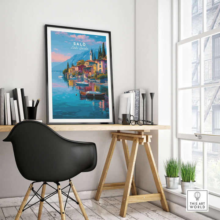 Salò Italy Print | Garda Travel Wall Art Poster displayed in a modern workspace with a black chair and wooden desk.