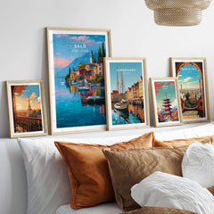 Salò Italy Print | Garda Travel Wall Art Poster displayed among various travel art prints on a cozy living room wall.