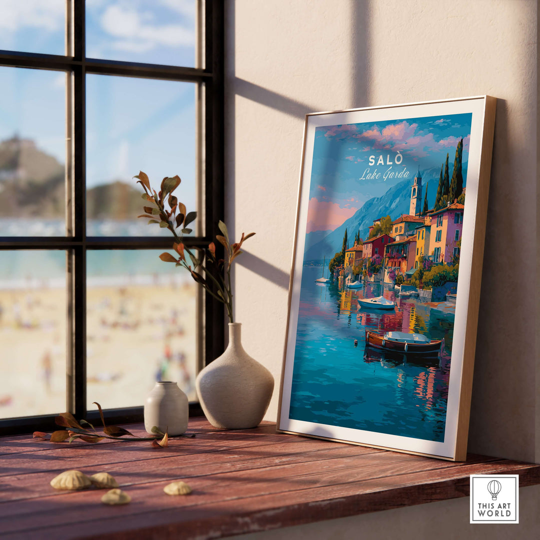 Salò Italy Print | Garda Travel Wall Art Poster featuring scenic waterfront view and colorful buildings.