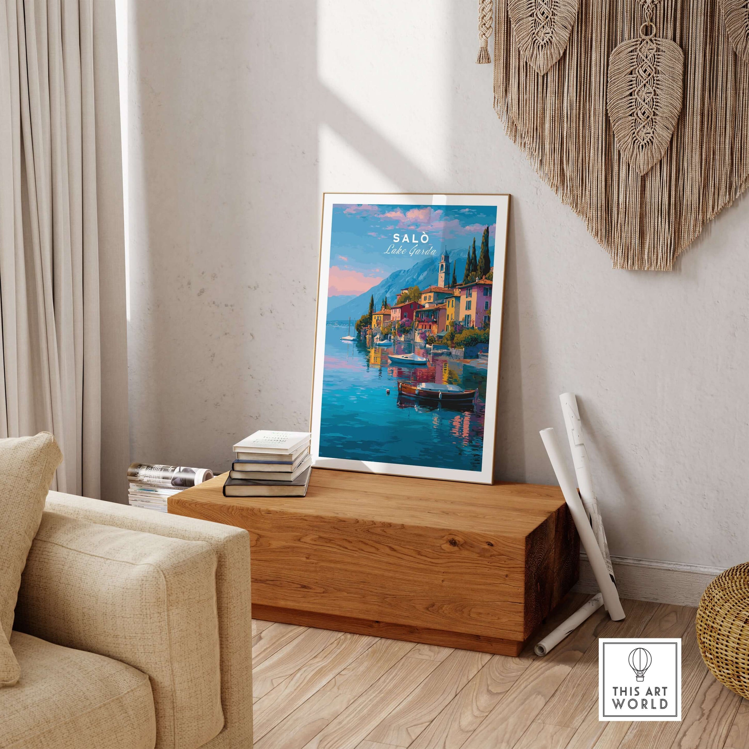 Salò Italy Print | Garda Travel Wall Art Poster showcasing the picturesque waterfront in a cozy home setting.