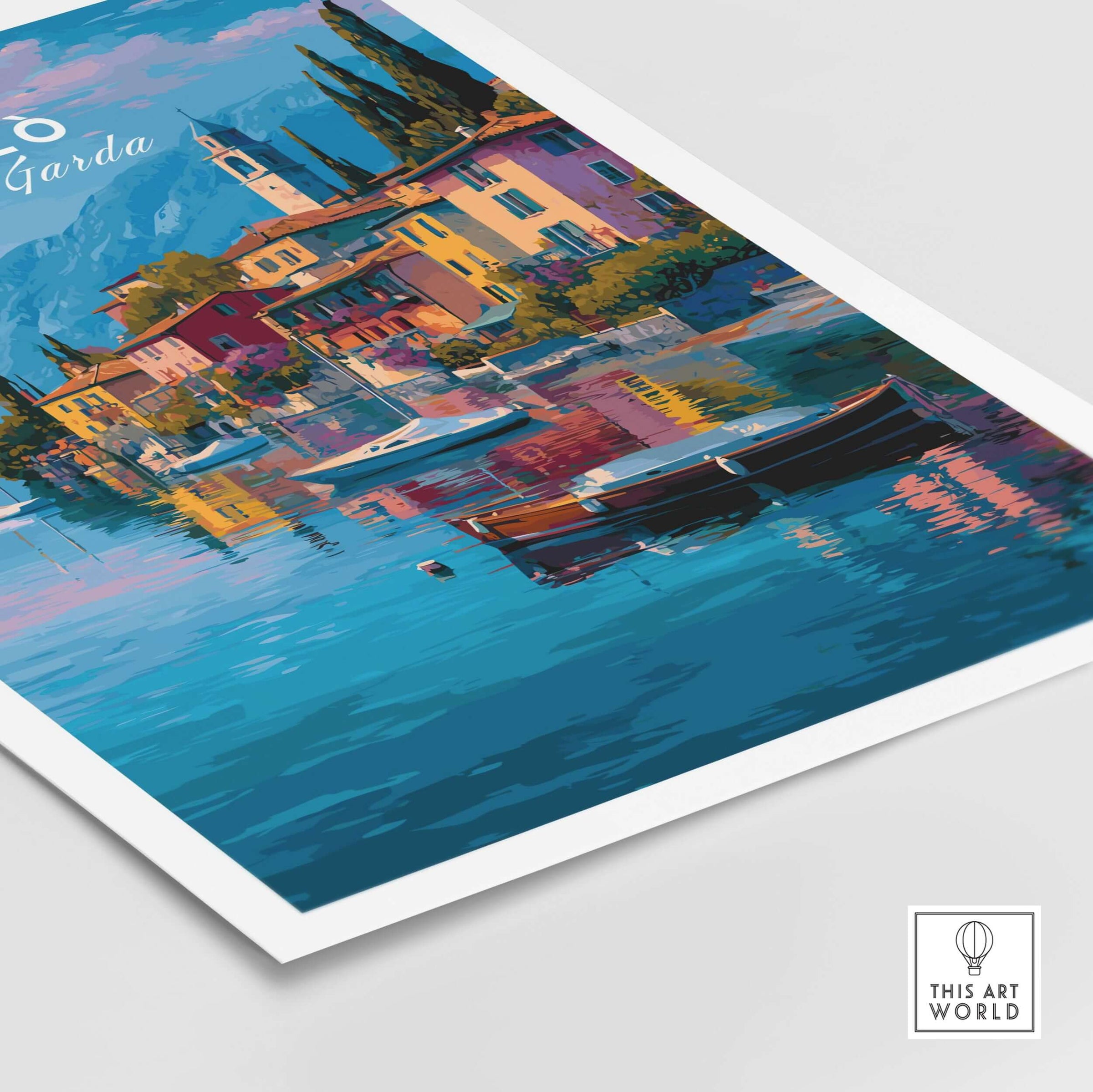Salò Italy Print | Garda Travel Wall Art Poster featuring a colorful waterfront scene with boats and vibrant reflections.