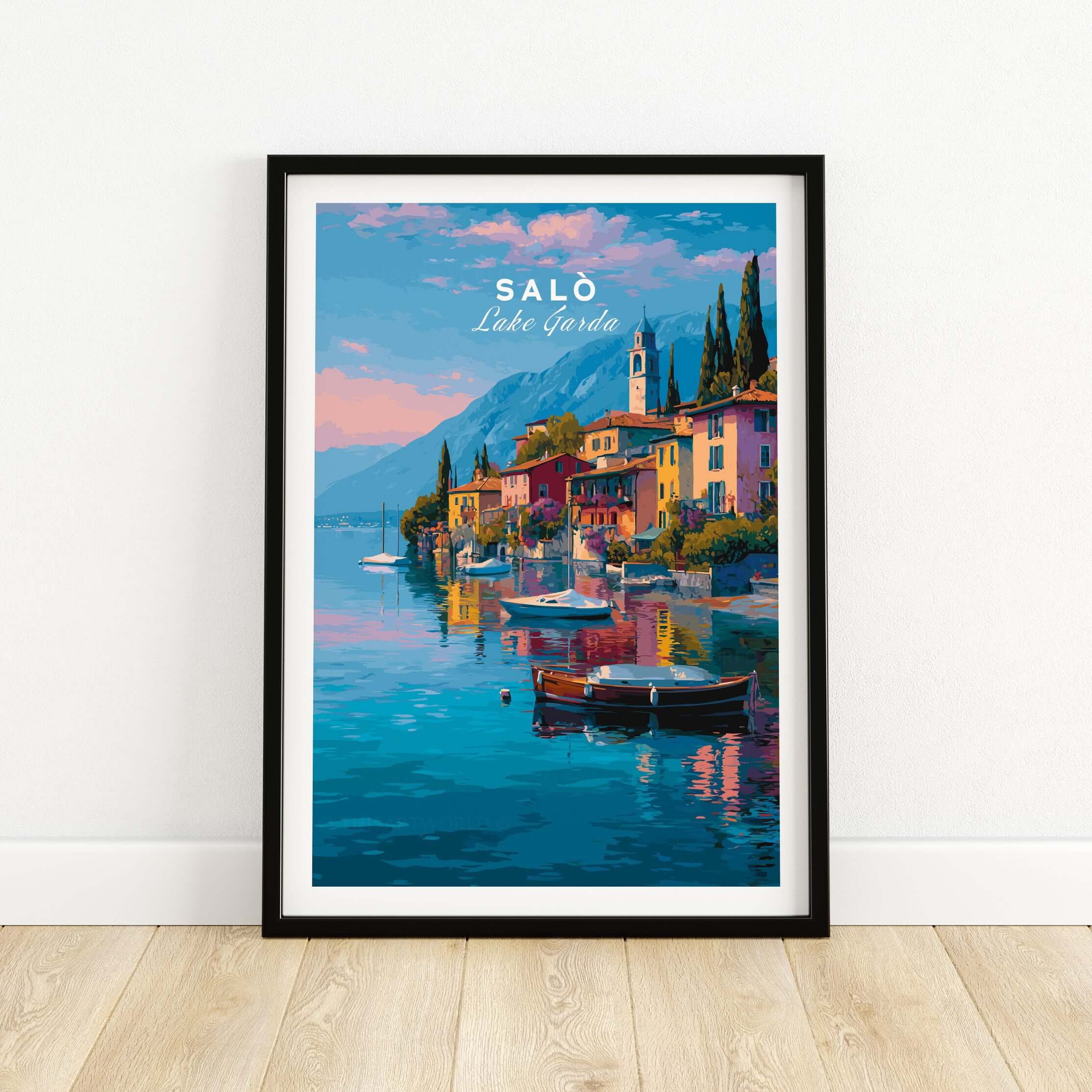 Salò Italy Print | Garda Travel Wall Art Poster featuring a picturesque waterfront scene of Salò, Lake Garda.