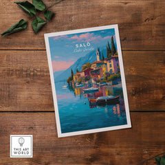 Salò Italy Print | Garda Travel Wall Art Poster featuring a colorful lakeside scene.