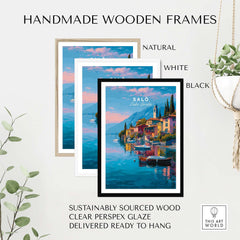 Salò Italy Print | Garda Travel Wall Art Poster showcased in handmade wooden frames in natural, white, and black.