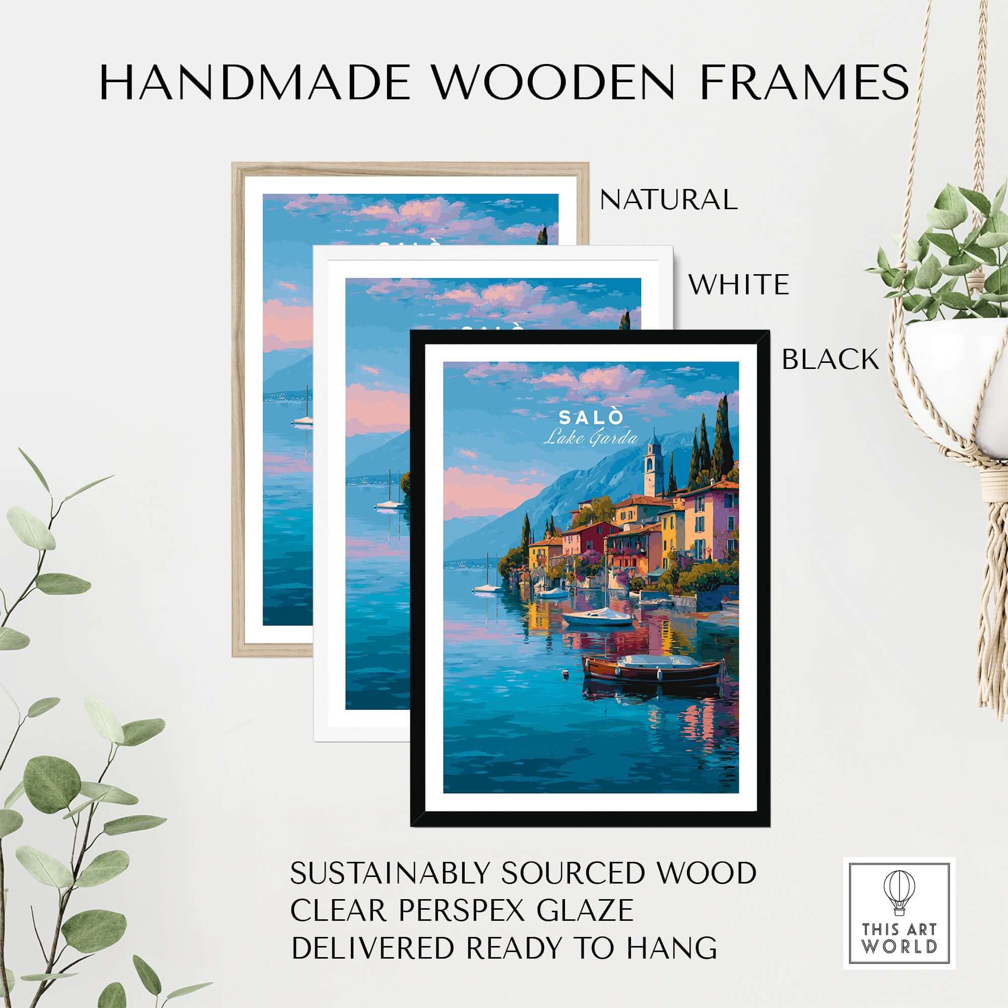 Salò Italy Print | Garda Travel Wall Art Poster showcased in handmade wooden frames in natural, white, and black.