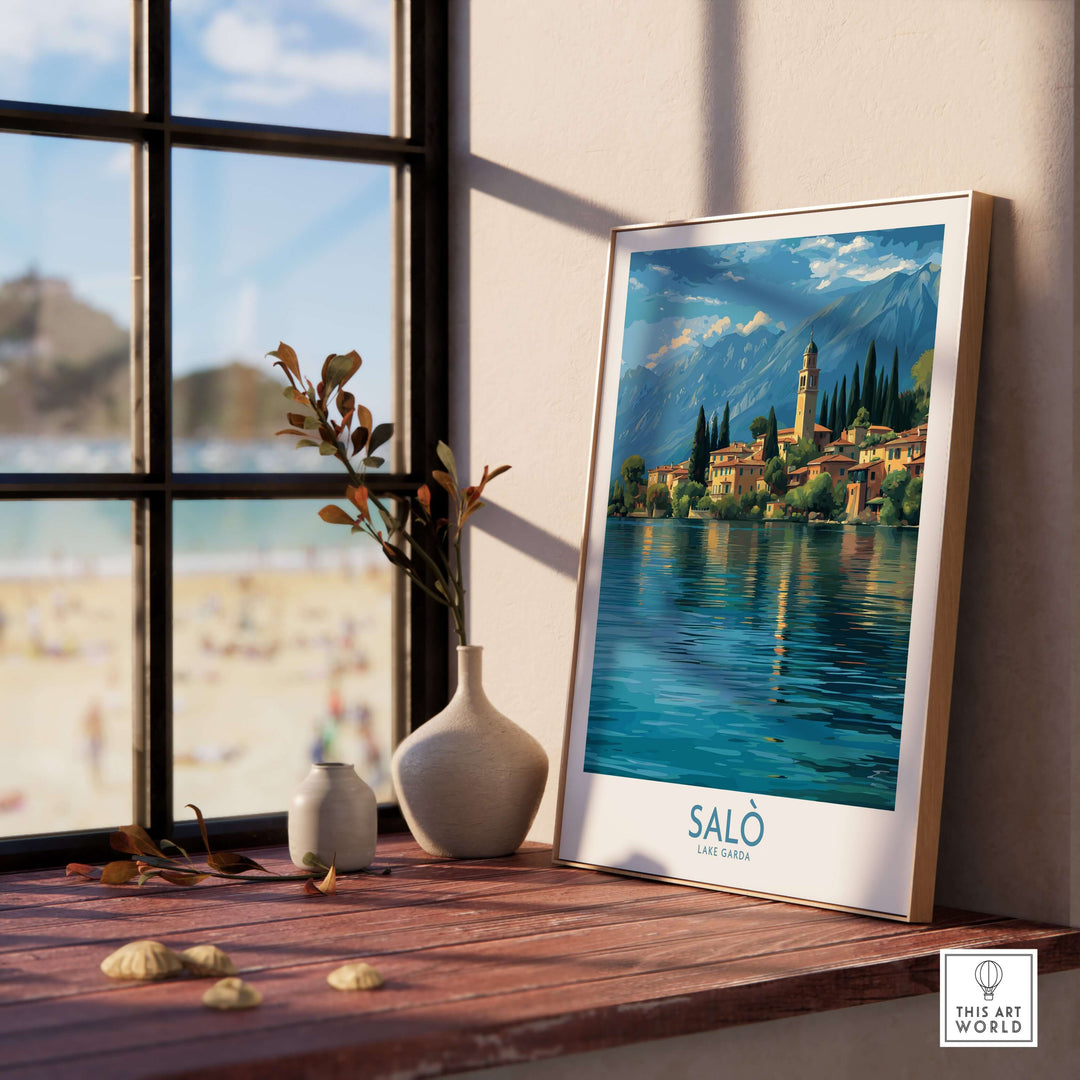 Salò Lake Garda Italy Village Art Print | Coastal Town Landscape Poster displayed in a serene interior setting.