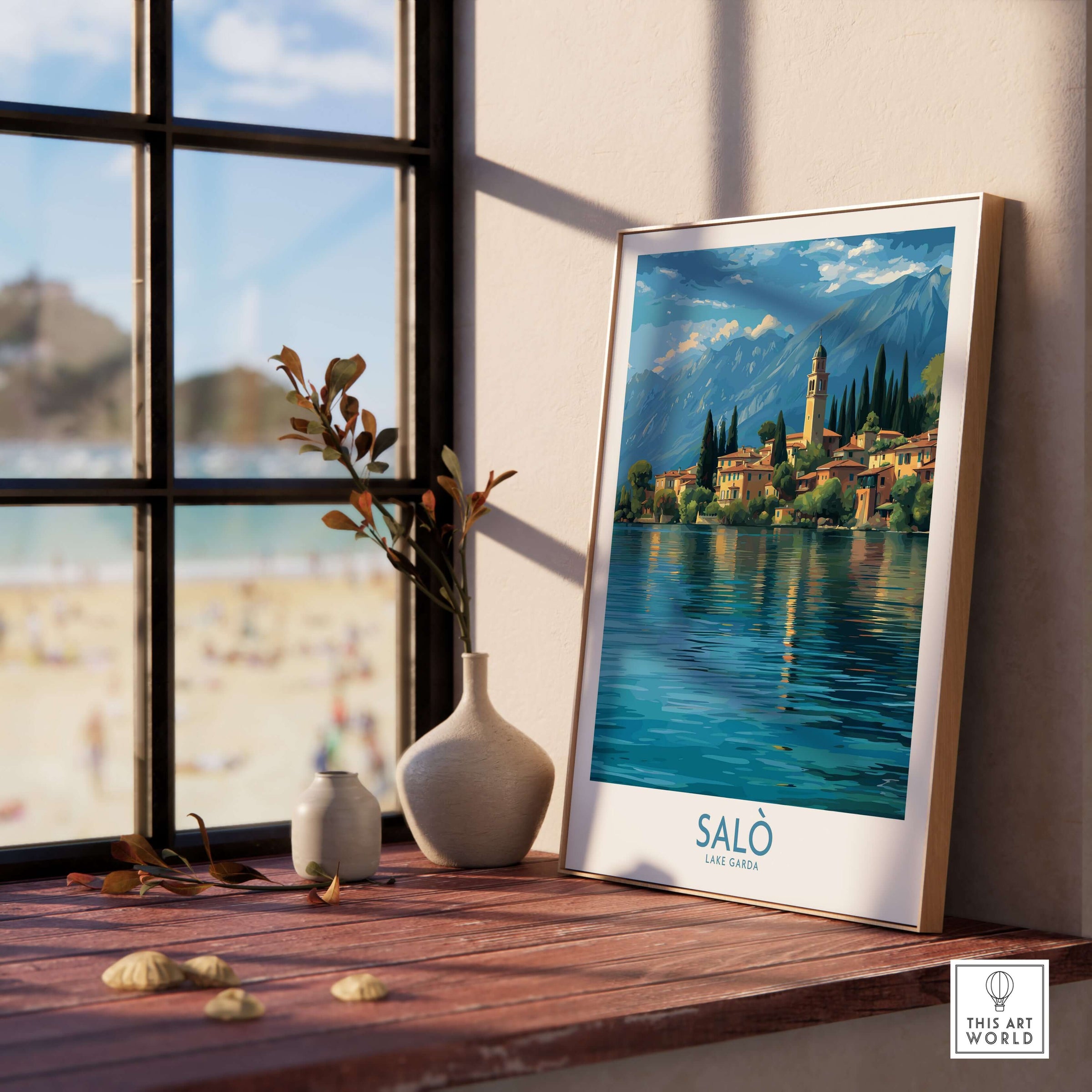 Salò Lake Garda Italy Village Art Print | Coastal Town Landscape Poster displayed in serene room setting.