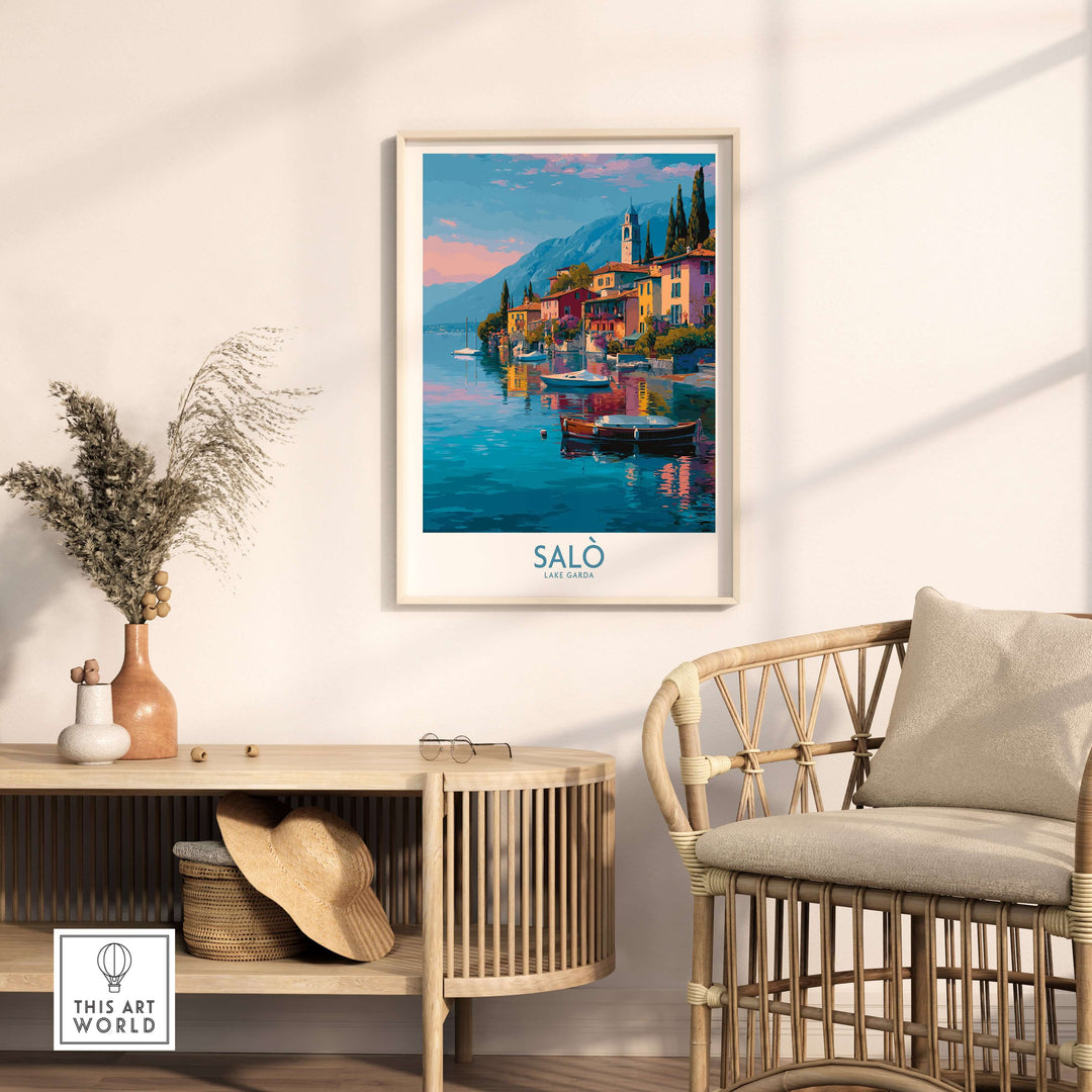 Salò Lake Garda Italy Sunset Art Print | Lakeside Boats Poster displayed in a cozy interior setting.