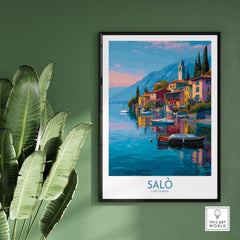 Salò Lake Garda Italy Sunset Art Print | Lakeside Boats Poster displayed in a stylish frame with greenery background.