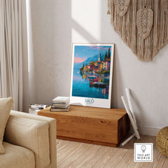 Salò Lake Garda Italy Sunset Art Print | Lakeside Boats Poster displayed in a cozy interior setting.