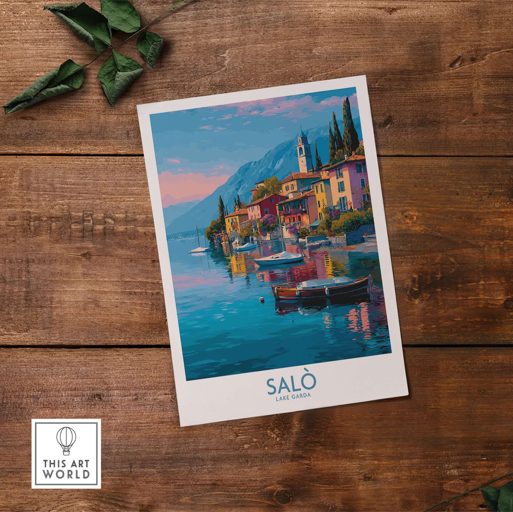 Salò Lake Garda Italy Sunset Art Print | Lakeside Boats Poster showcasing vibrant lakeside scenery at sunset.