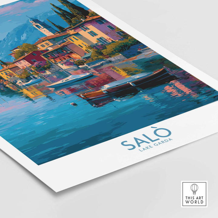 Salò Lake Garda Italy Sunset Art Print | Lakeside Boats Poster featuring colorful lakeside scene and tranquil water reflections.
