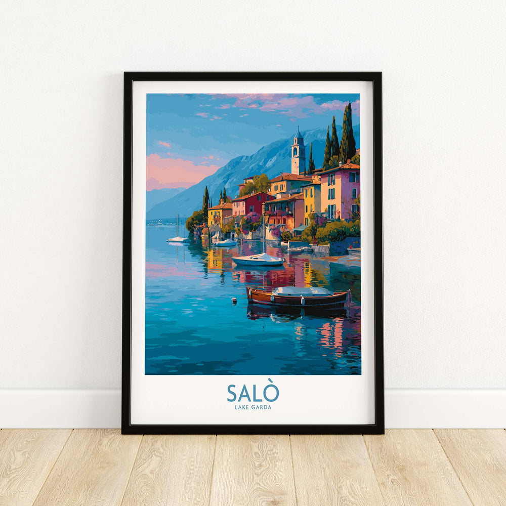Salò Lake Garda Italy Sunset Art Print | Lakeside Boats Poster framed in a modern style against a minimalist background.